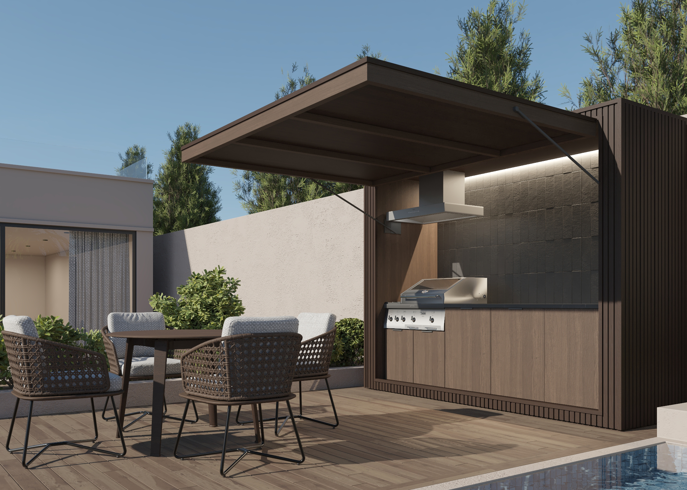 BBQ Pod beside a pool with an integrated grill and dining area