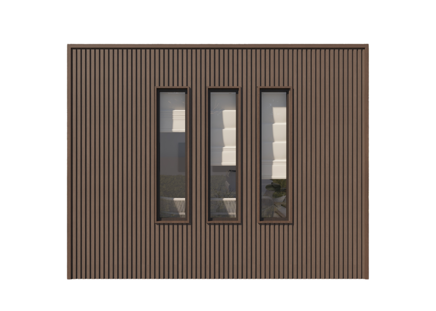 Dual-pitch pod exterior elevation showing the roof, wall cladding and glazed openings