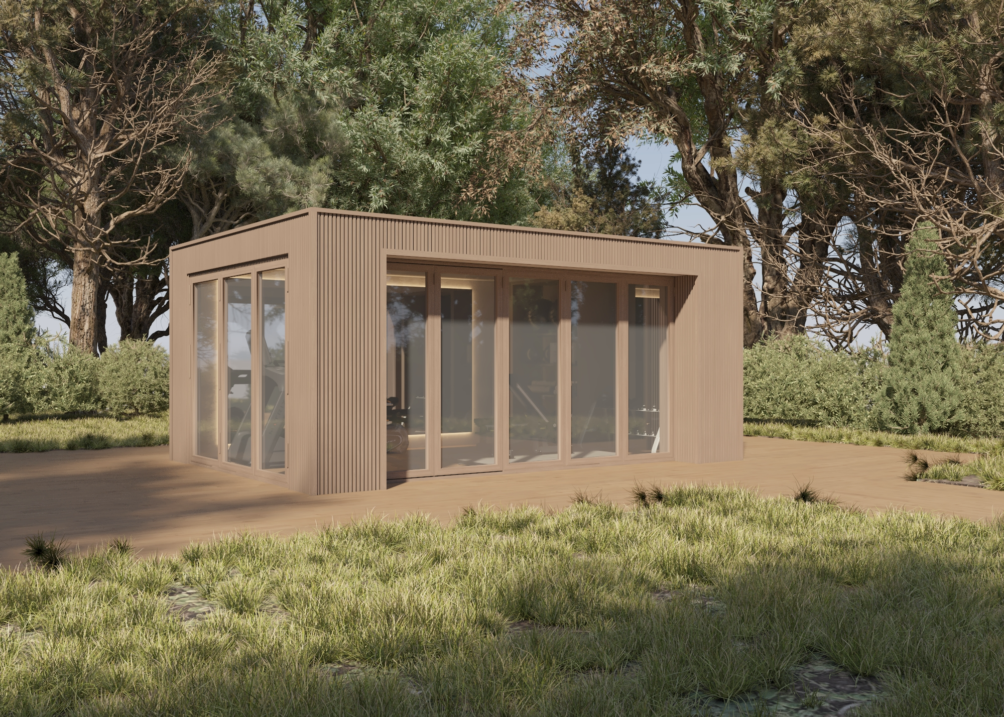 Dual Pitch Pod by the water with outdoor lounge