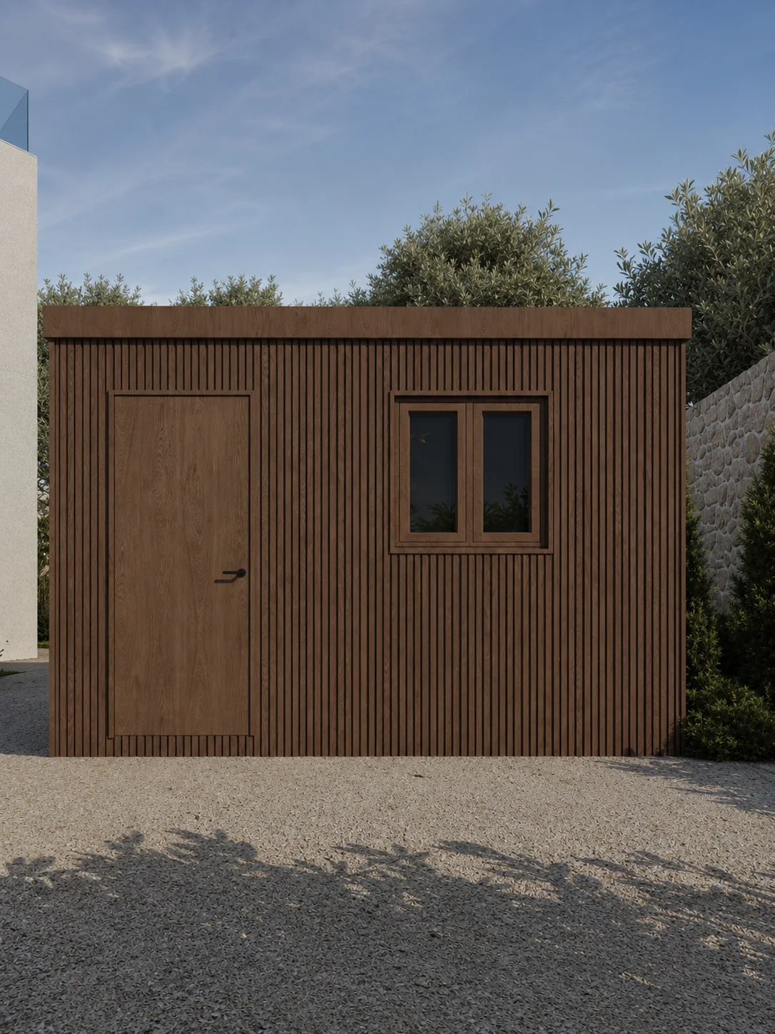 Watchman Pod with a timber exterior beside a villa