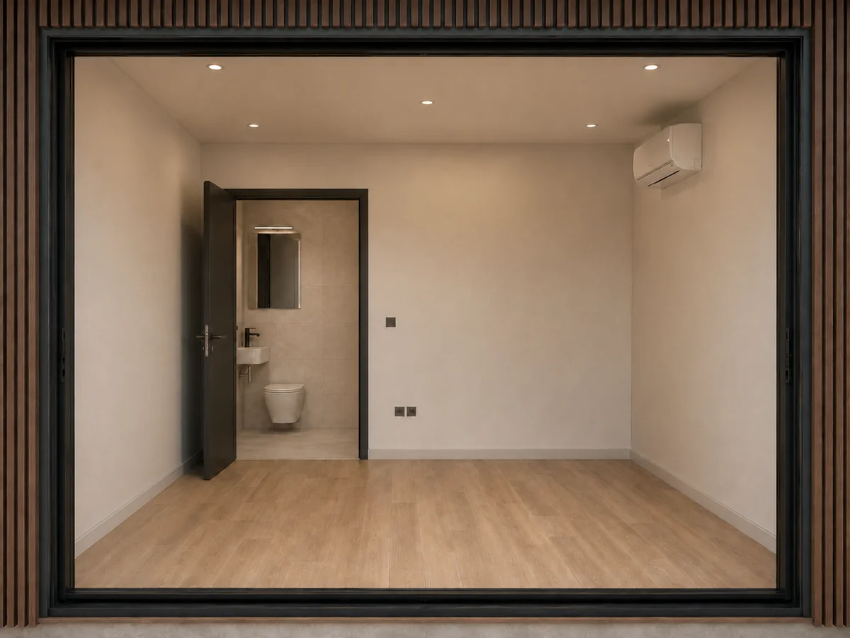 Finished Watchman Pod interior with air conditioning and private washroom