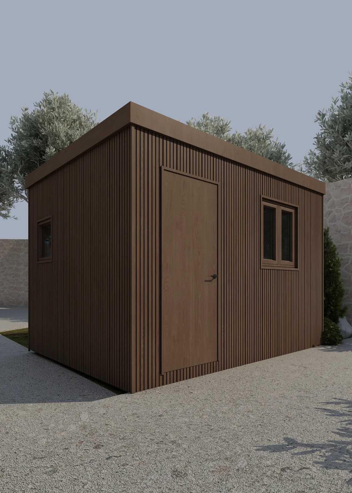Corner elevation of the modular timber security cabin
