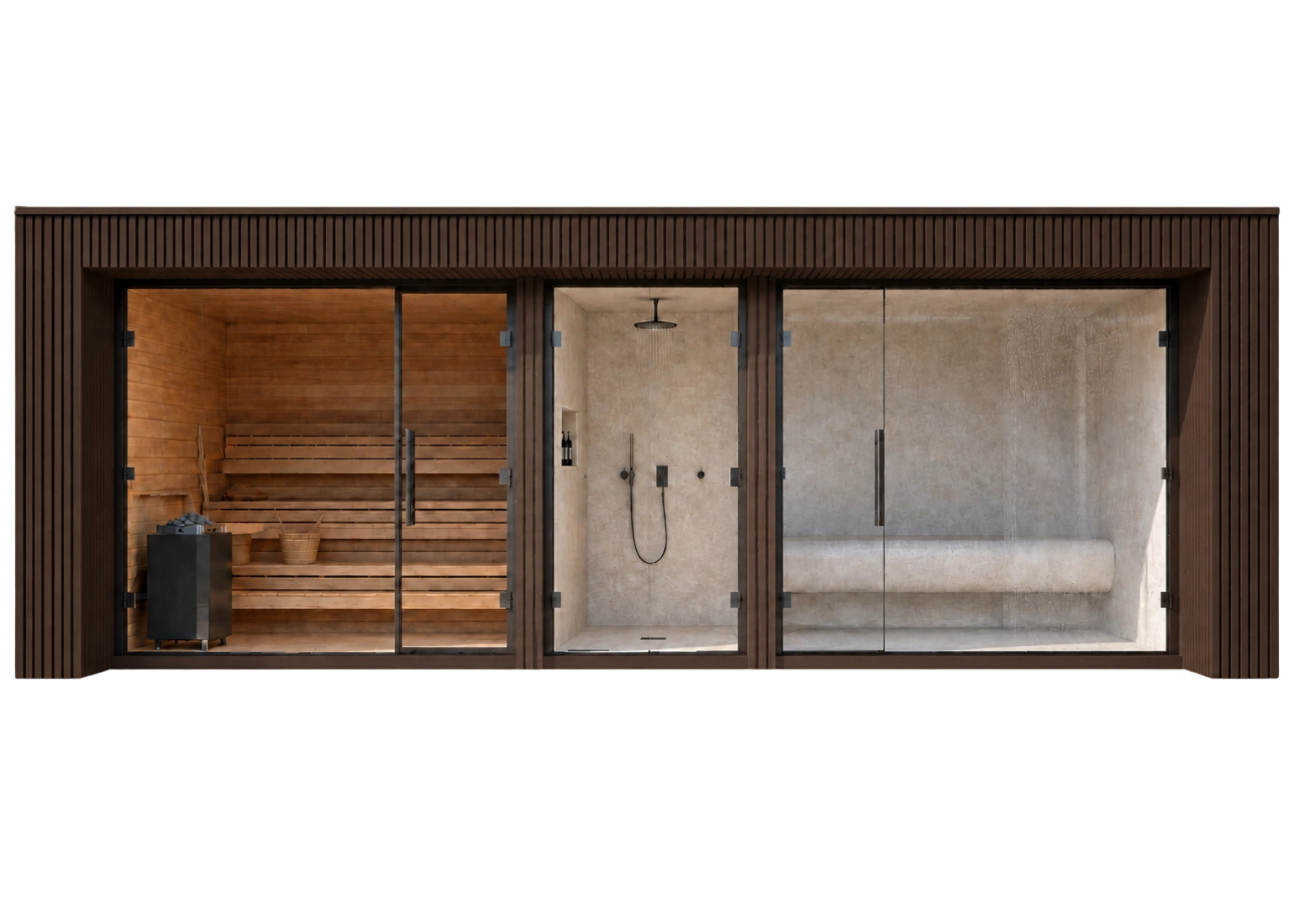 Wellness Pod combining a timber sauna, central shower and steam room in one architectural space