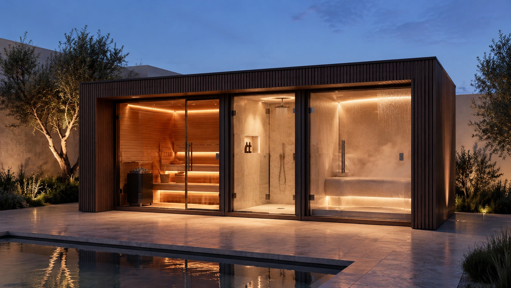 Poolside Wellness Pod illuminated at night from a front angle