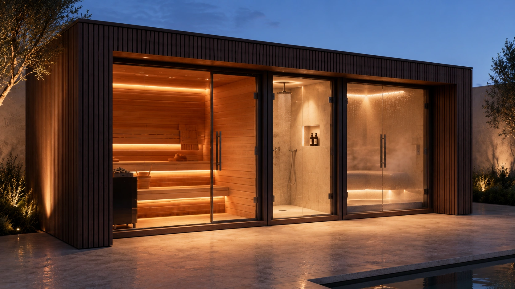 Night view of the Wellness Pod sauna, shower and steam room