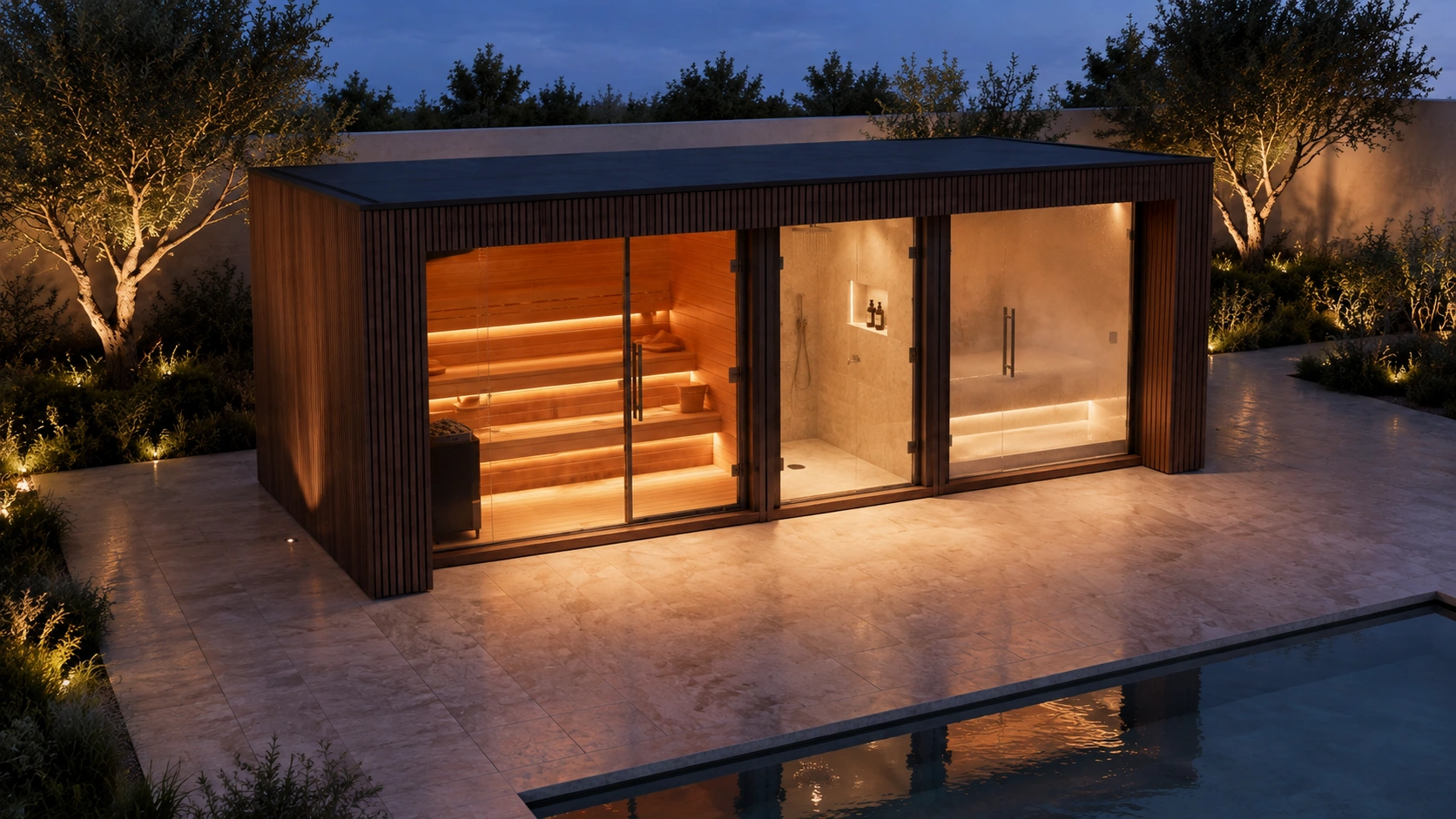 Elevated night view of the Wellness Pod beside a villa pool