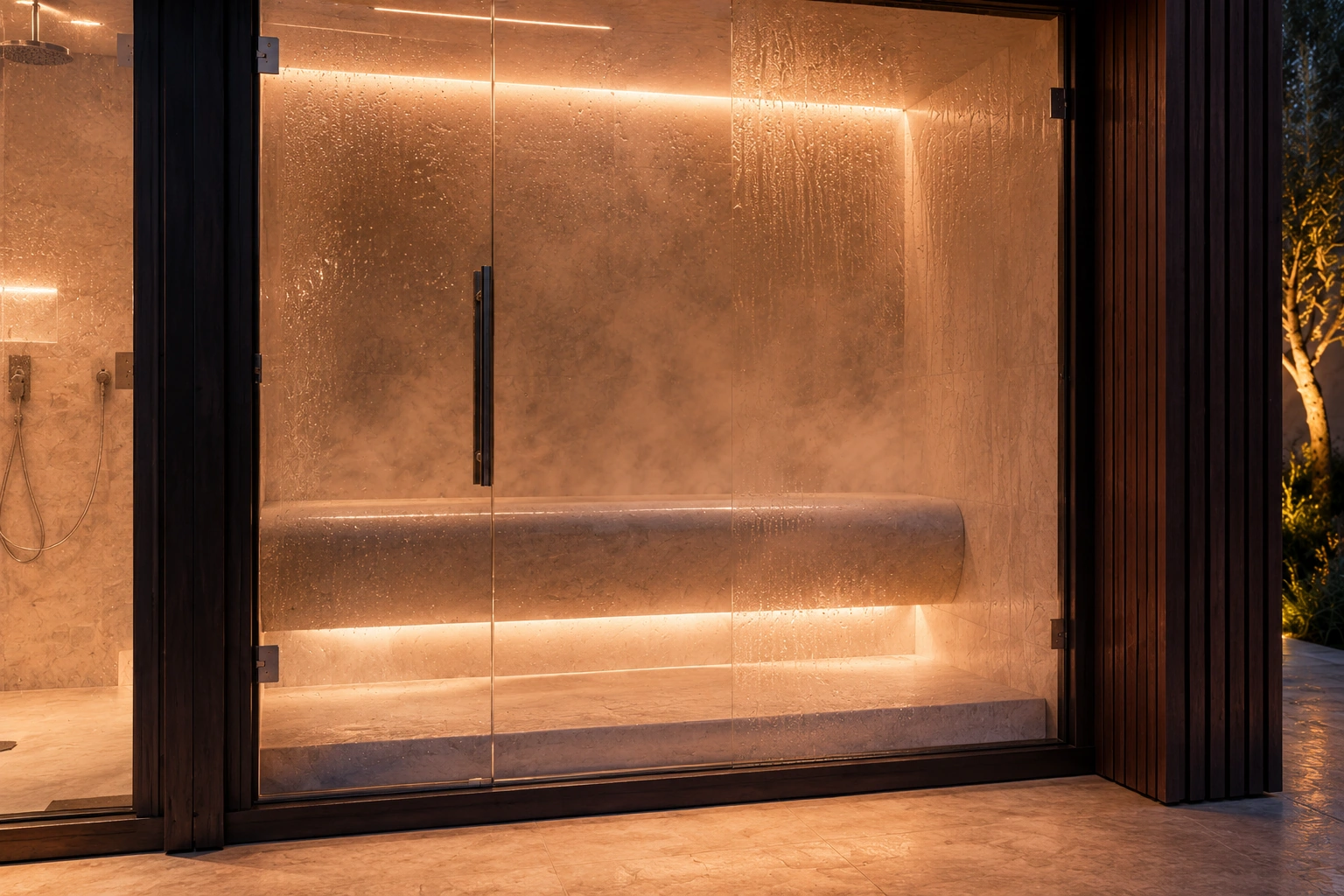 Steam room bench behind condensation-covered glass inside the Wellness Pod